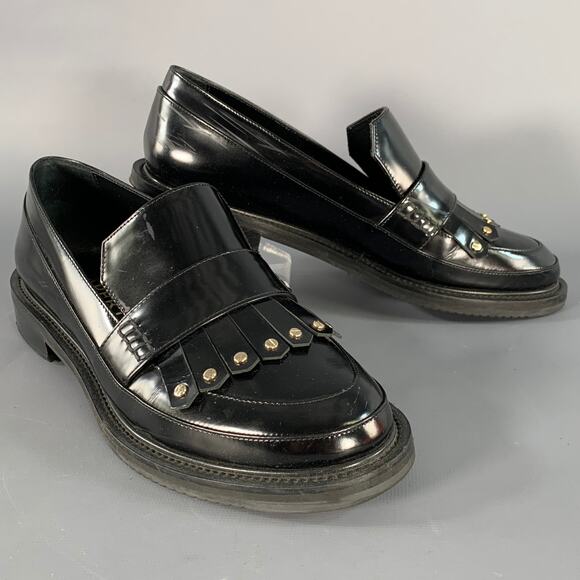 APERLAI Size 7.5 Black Silver Studded Patent Leather Fringed Moccasin Flats - Picture 1 of 14